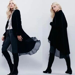 Free People Crushed Velvet Black Swing Coat Jacket Open Front M